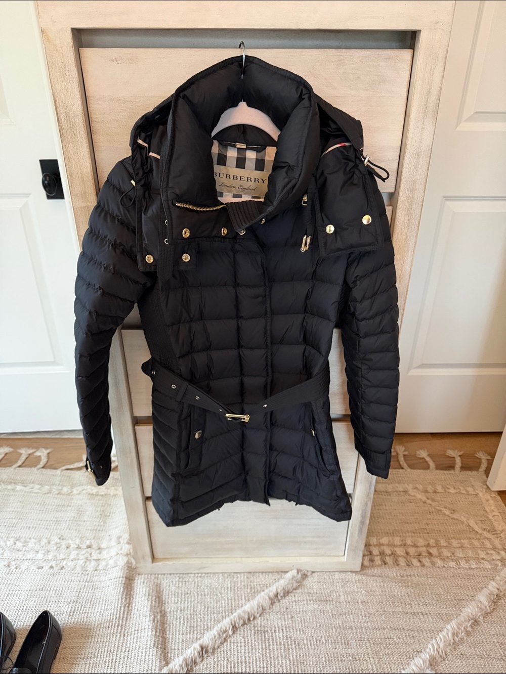Burberry Black Quilted Belted Puffer Coat with Gold Hardware